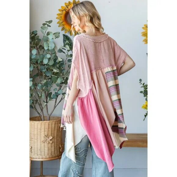 Oli & Hali Washed Mixed Media V Neck Pointed Hem Babydoll Top Pink Oversized Siz - Picture 8 of 9